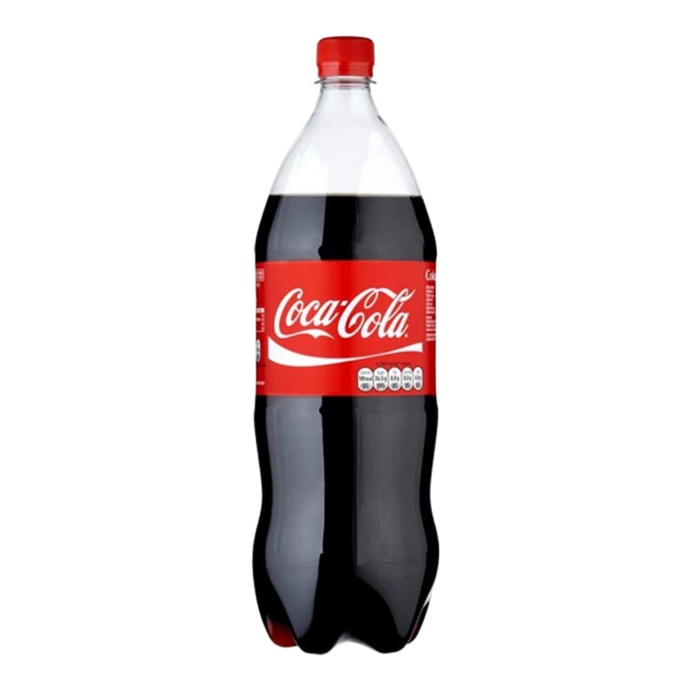 A 1.5-litre Coca-Cola bottle with red cap and label on a white background