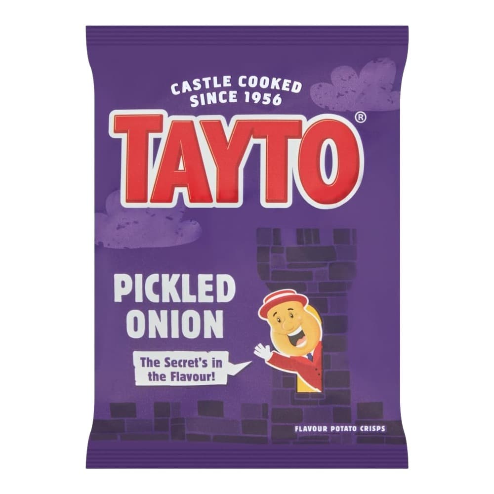 Purple packet of Tayto pickled onion flavour potato crisps with red branding and cartoon character on white background
