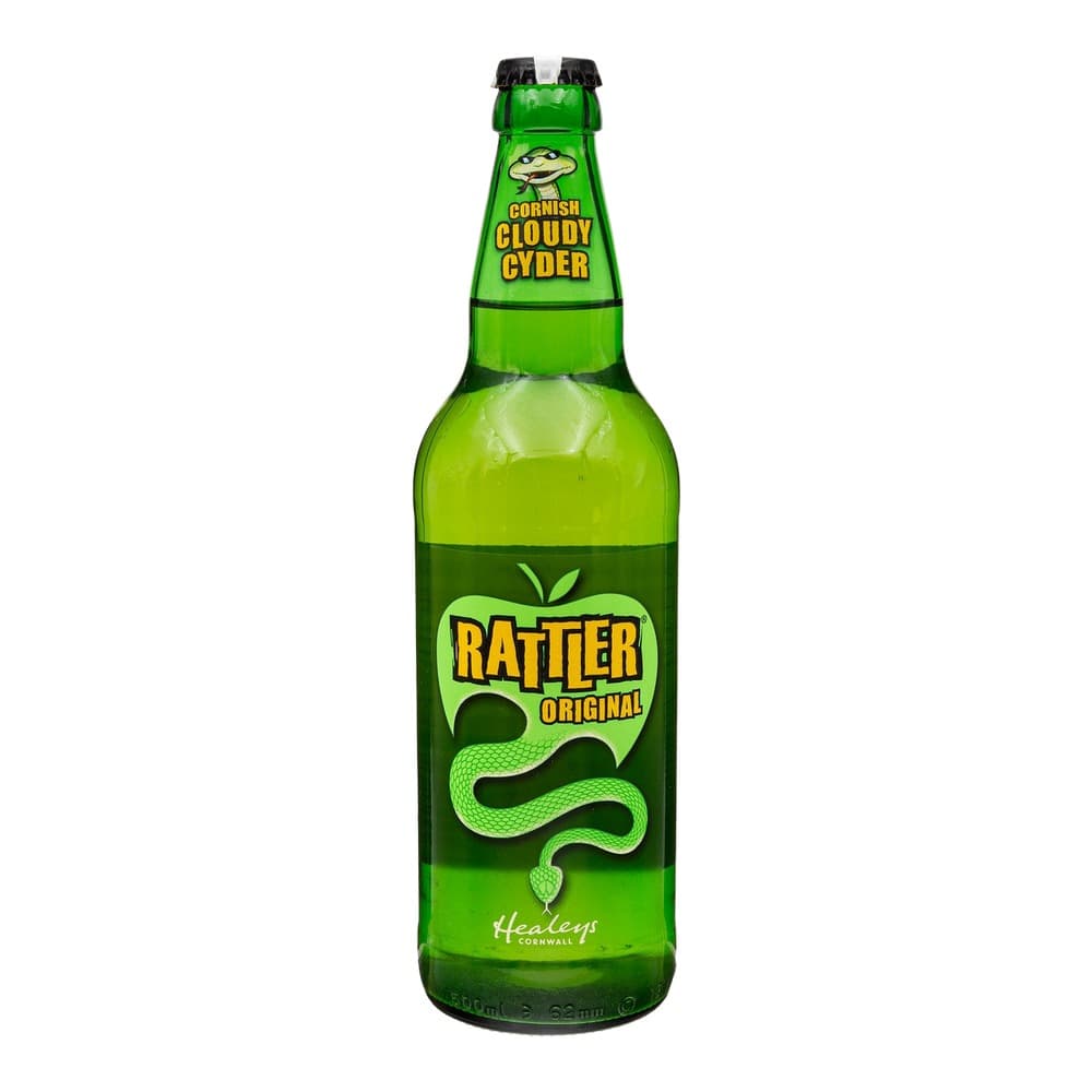 A green glass bottle of Rattler Original Cornish Cloudy Cyder with a black crown cap, featuring a green snake logo and yellow text on the label, against a white background.