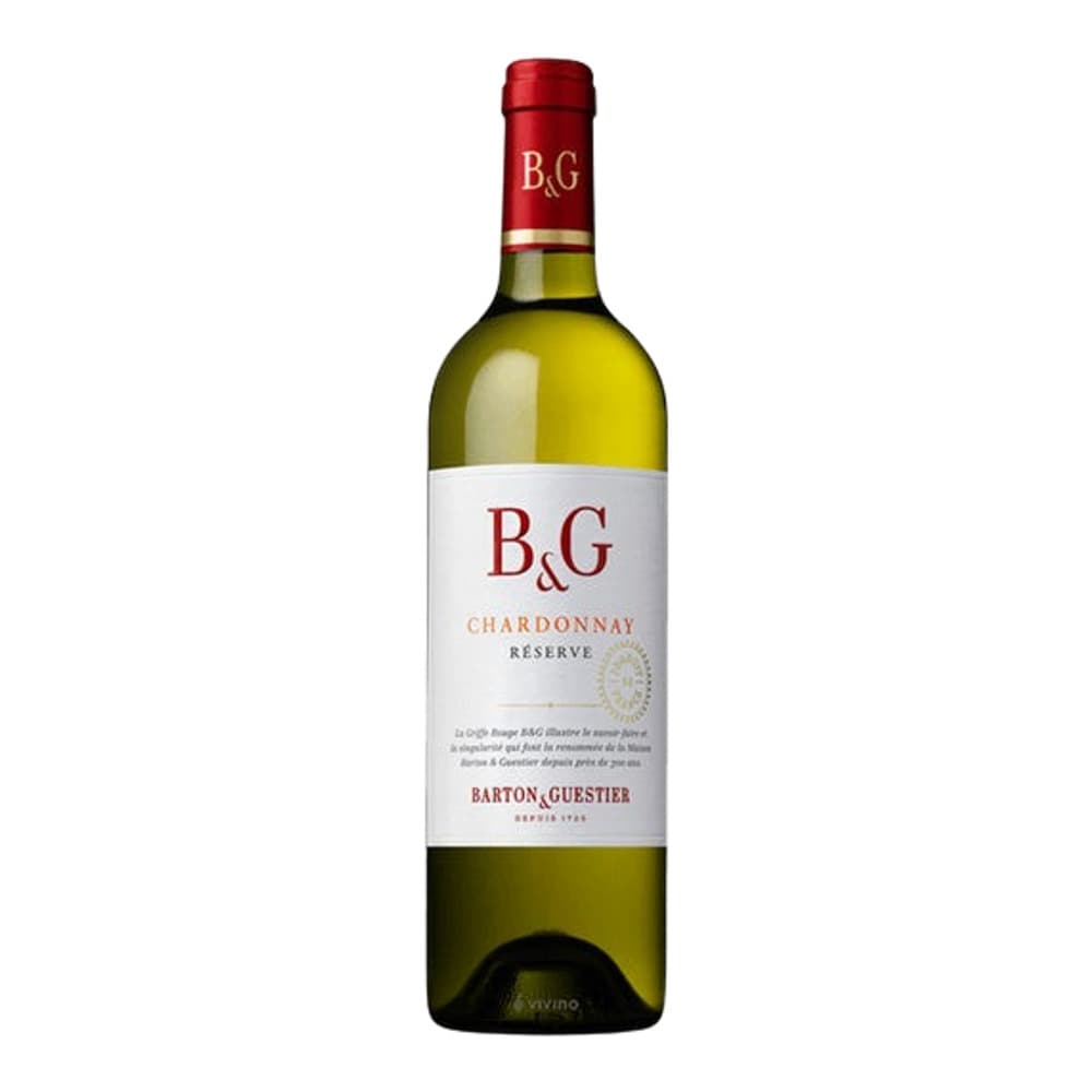 A B&G Chardonnay Reserve white wine bottle with red foil cap and white label on a plain white background.