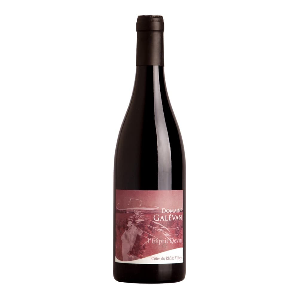 A bottle of Domaine Galévan L'Esprit Devin red wine from Côtes du Rhône Villages, displayed against a white background with a dark foil capsule and burgundy label.