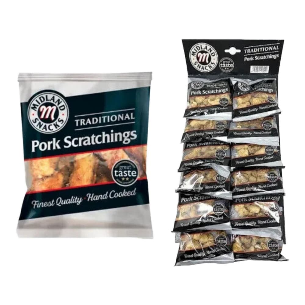 Midland Snacks Traditional Pork Scratchings shown as a large individual pack on the left and a multi-pack box containing ten smaller individual sachets on the right.