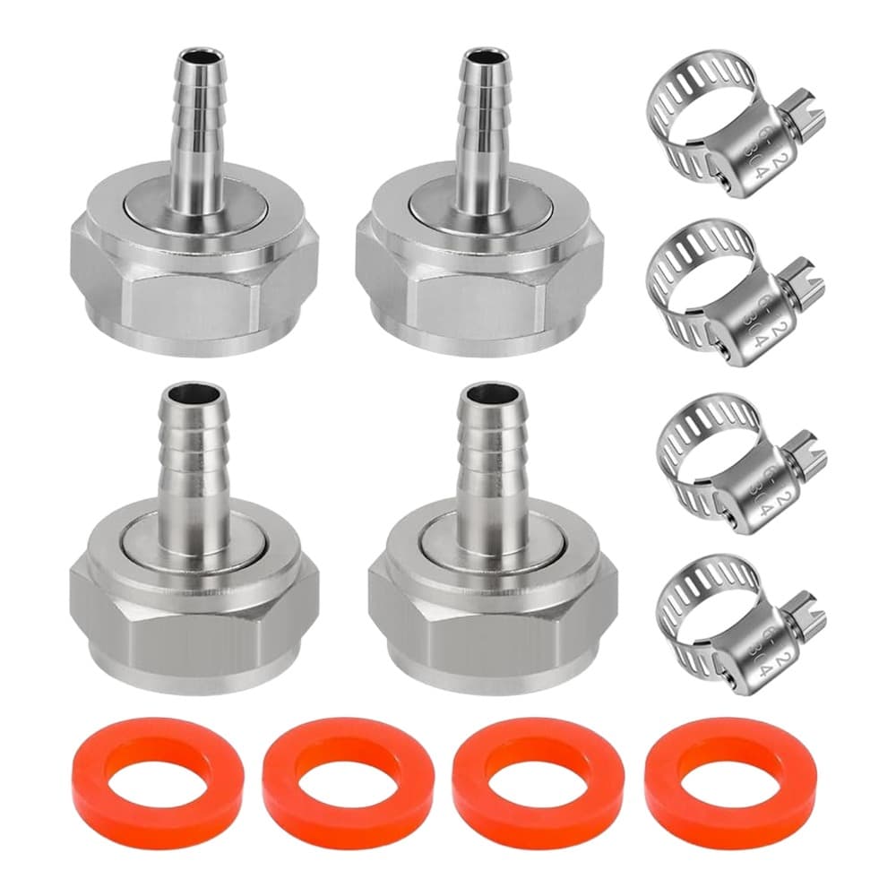 A set of four metallic hose barb fittings with matching hose clamps and red rubber washers arranged on a white background.