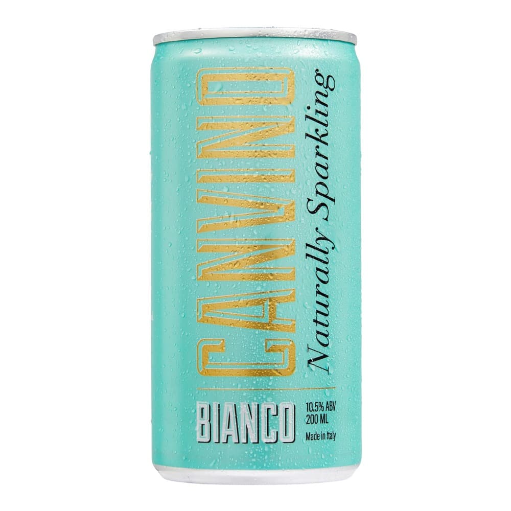 A turquoise can of Cachaca Bianco naturally sparkling cachaça with gold lettering, 10.5% ABV, 200ml, made in Italy, displayed on a white background with condensation droplets.