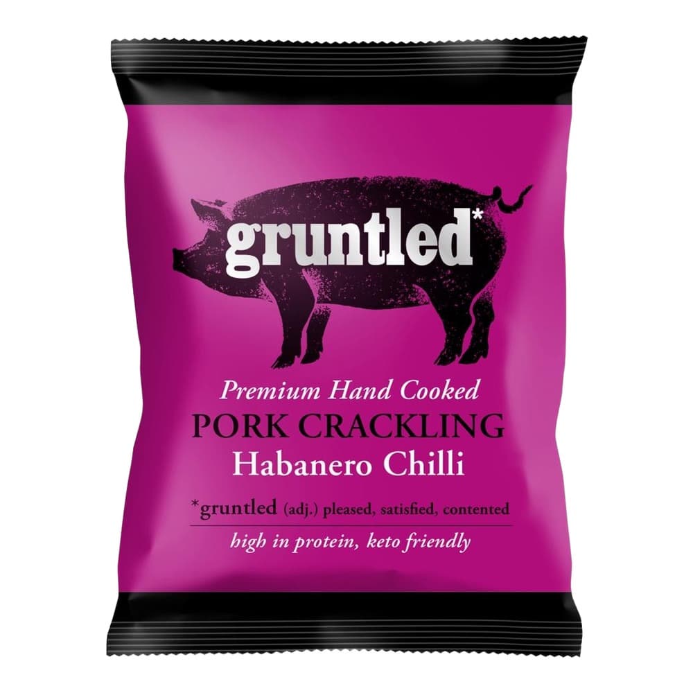 Bright magenta packaged snack featuring a black pig silhouette and white text reading 'gruntled Premium Hand Cooked Pork Crackling Habanero Chilli'