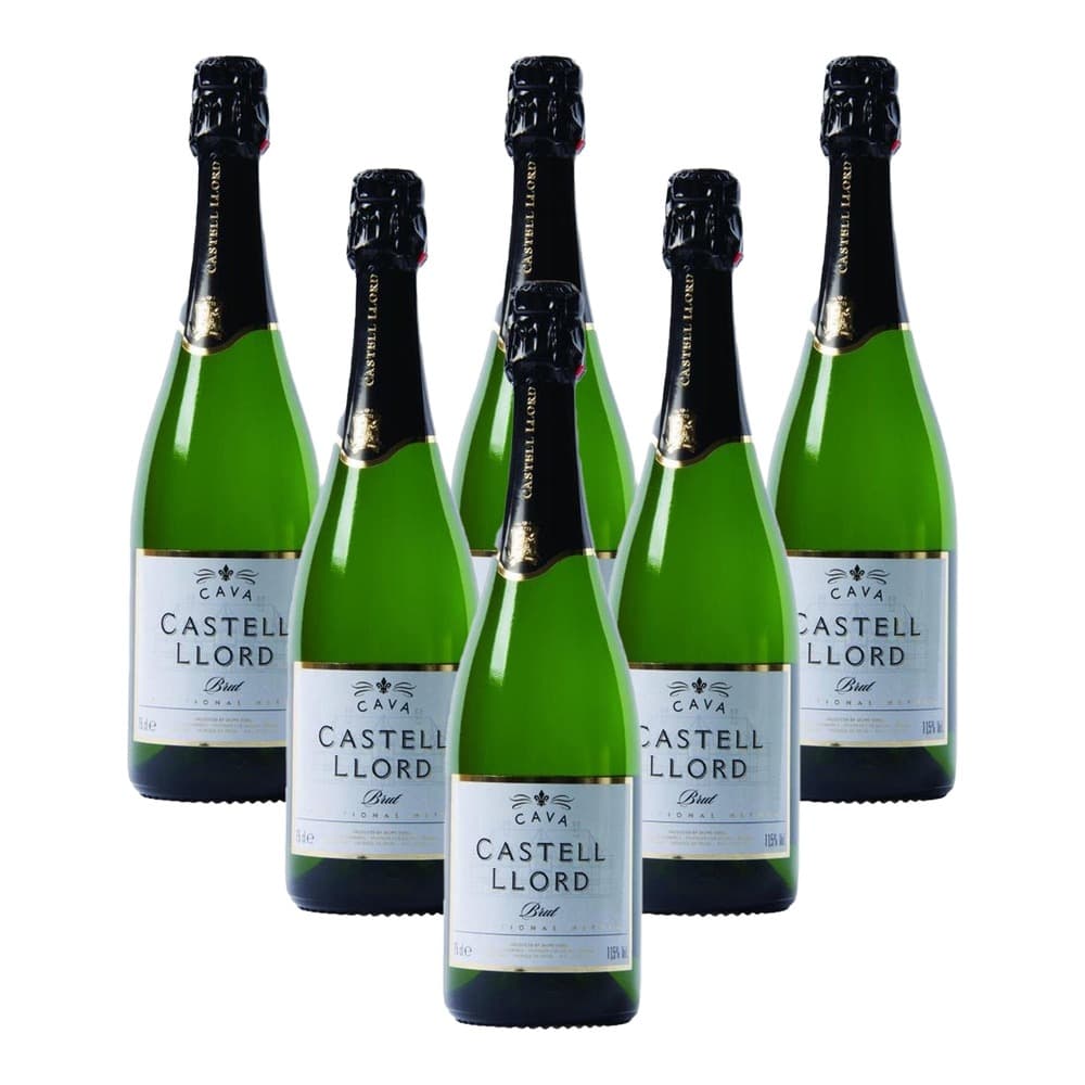 Five bottles of Castell Llord Cava Brut sparkling wine arranged on a white background, featuring bright green glass and black foil capsules.