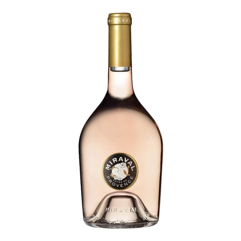 A bottle of Miraval Provence rosé wine with a gold foil cap and distinctive label, photographed against a white background.