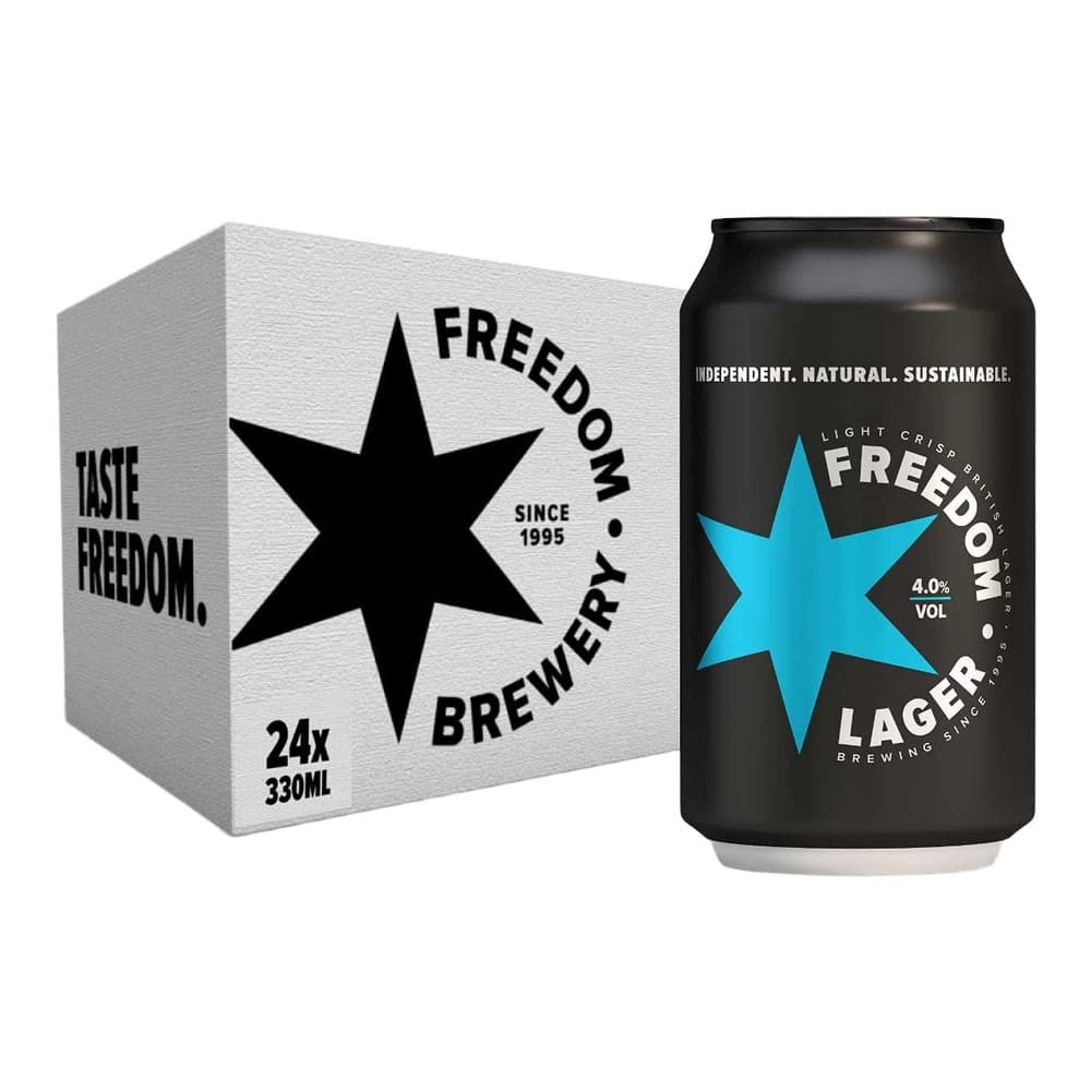 Freedom Brewery Light Crisp Lager beer can and carton box on white background. Black can with blue star logo, 4.0% ABV, 330ml. Cardboard box shows black star, 'Taste Freedom' text, and '24x 330ml' indication.