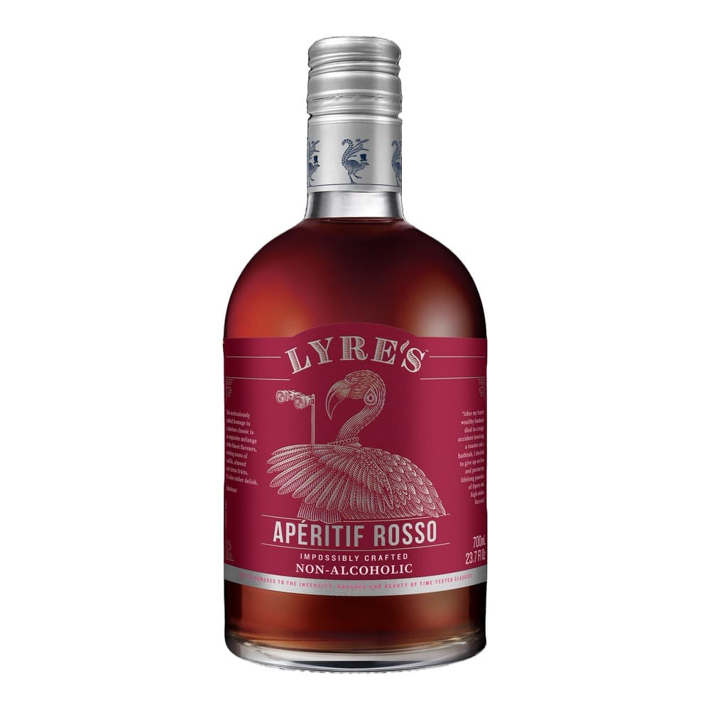 A 700ml bottle of Lyre's Aperitif Rosso non-alcoholic spirit with burgundy label and silver cap on a white background.