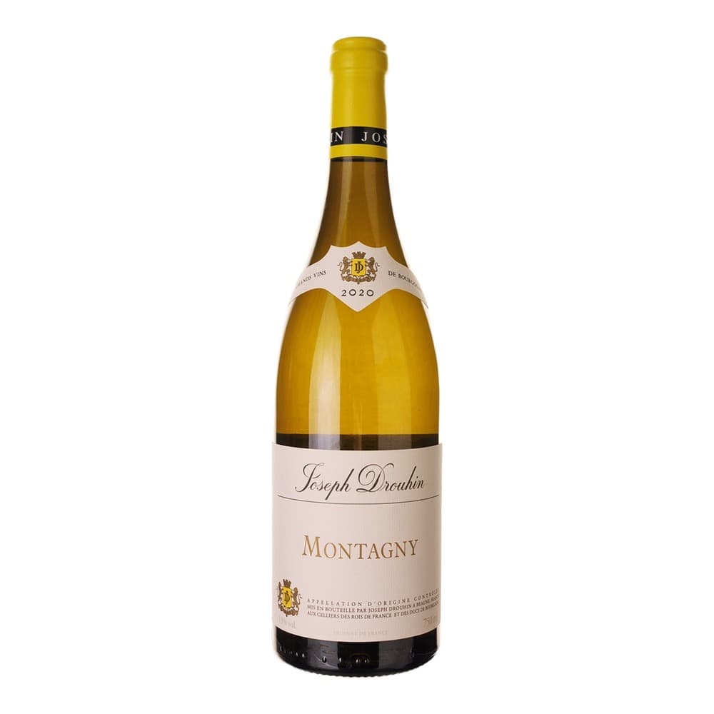 A bottle of Joseph Drouhin Montagny 2020 white wine with yellow capsule and cream-coloured label on a white background.
