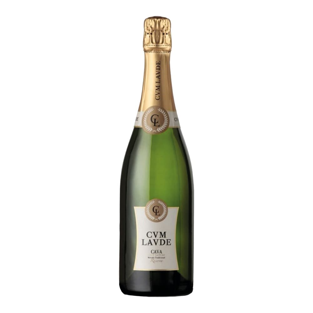 A bottle of Cuvée Laude Cava Reserva sparkling wine with gold foil top and white label on a white background