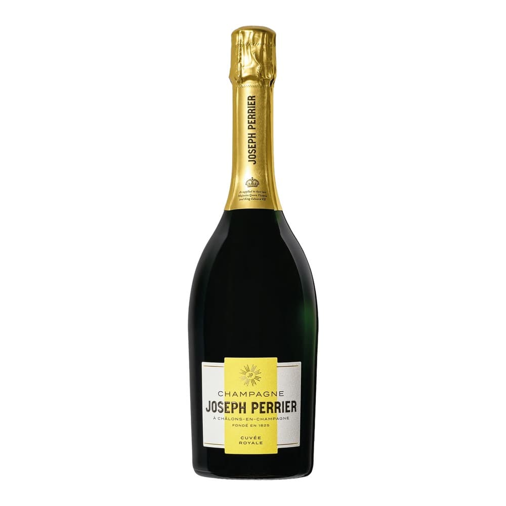 A bottle of Joseph Perrier Champagne Cuvée Royale with a gold foil-wrapped top and black glass body, displayed against a white background.
