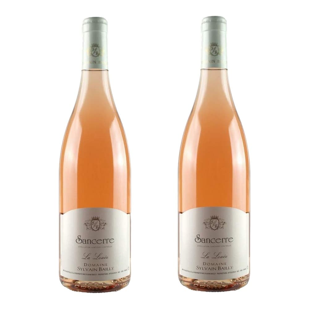 Two bottles of Sancerre rosé wine by Domaine Sylvain Bailly displayed against a white background, showing pale salmon-coloured wine and silver foil caps.