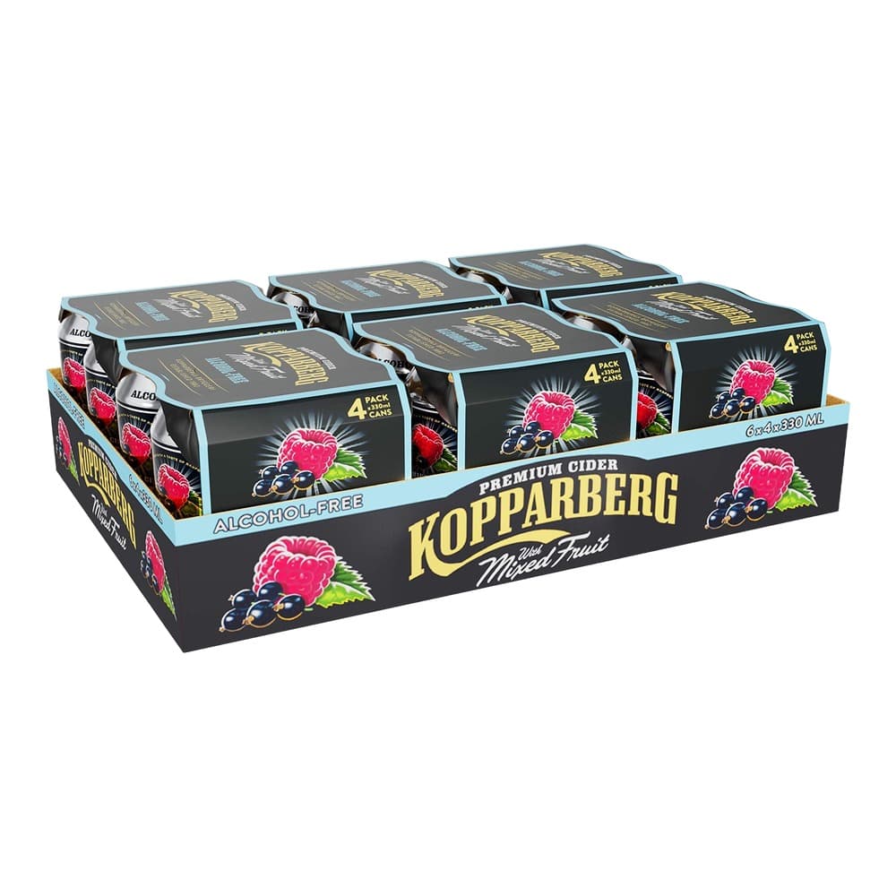 A multi-pack box of Kopparberg Premium Cider with mixed fruit flavour, containing six 4-packs of cans on a white background.
