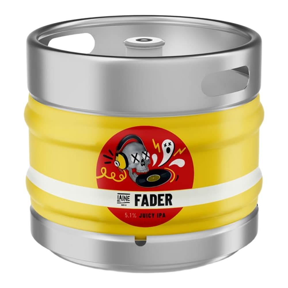 Yellow metal beer keg with silver top featuring Fader Juicy IPA branding and red circular logo with skull and musical design.