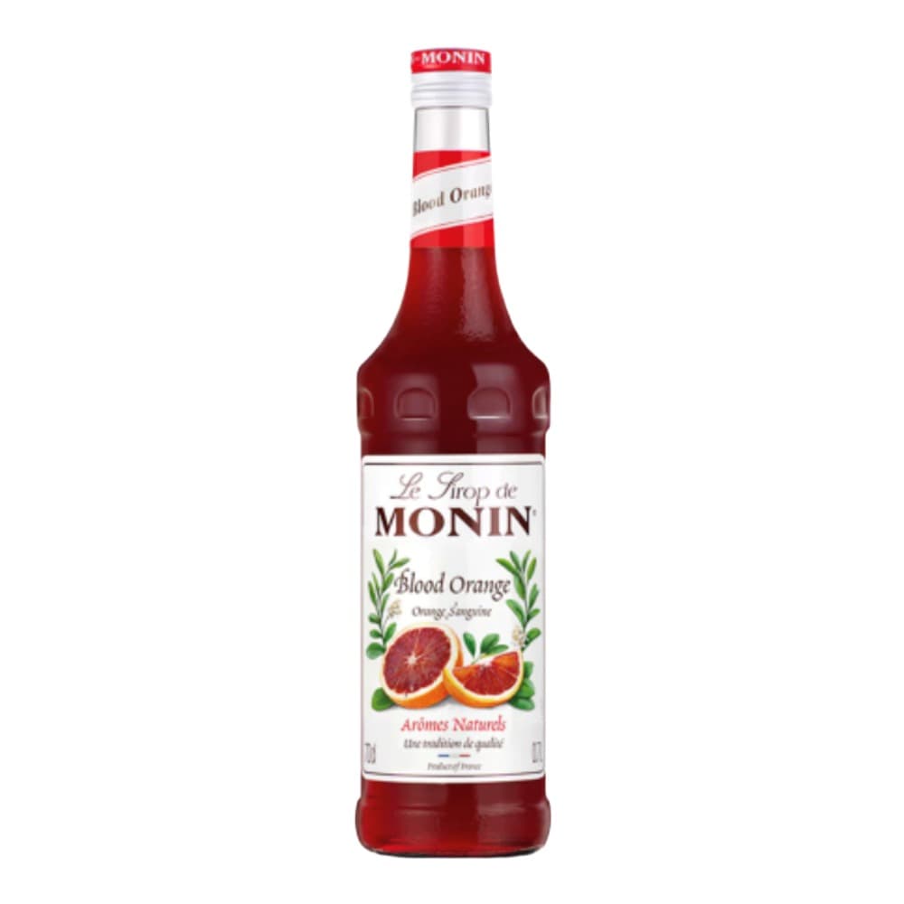 A bottle of Monin Blood Orange flavoured syrup with red liquid, white label, and red cap against a white background.