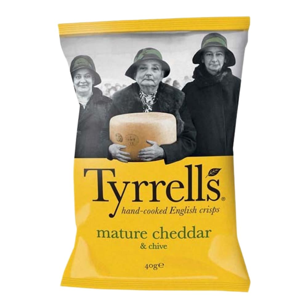 A bag of Tyrrells mature cheddar and chive flavour hand-cooked English crisps featuring three men in vintage clothing holding a wedge of cheese against a plain background.