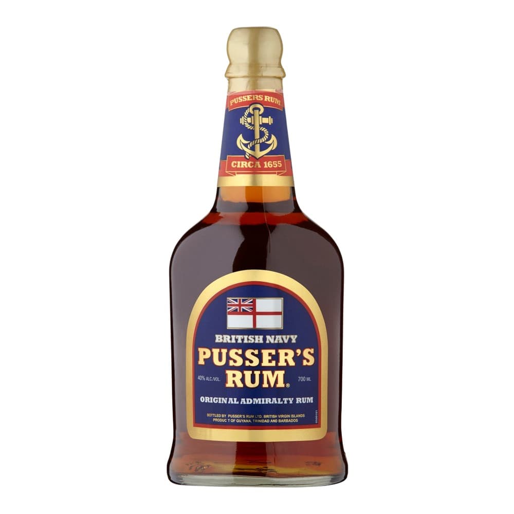 A 700ml bottle of Pusser's Original Admiralty Rum with dark amber liquid, featuring a blue and gold label with an anchor emblem, displayed against a white background.