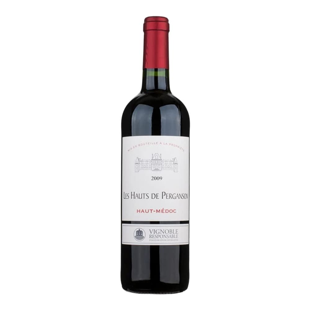 A bottle of Les Hauts De Perganson Haut-Médoc red wine from 2009 with a red foil cap and white label on a plain white background.