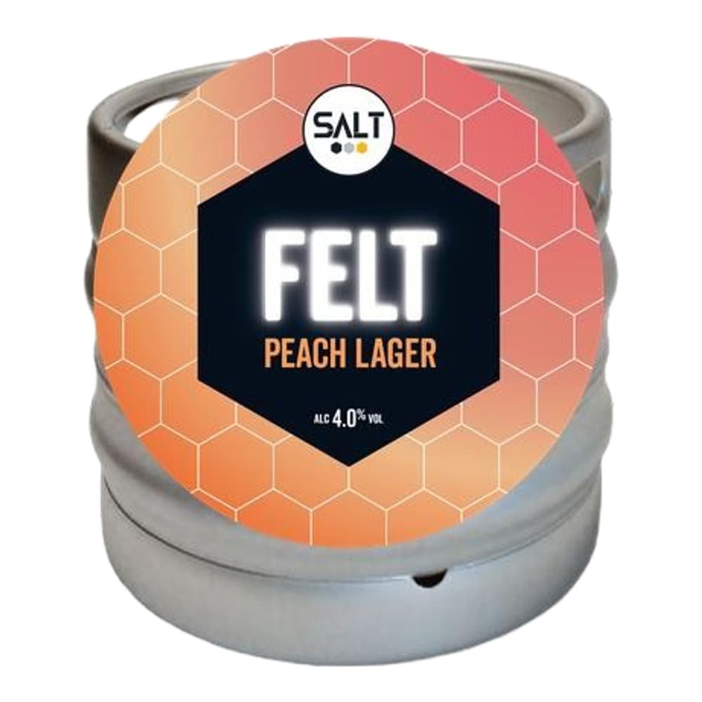 A stainless steel beer keg with an orange hexagonal label featuring 'SALT' branding and 'FELT PEACH LAGER' text, displayed on a white background.