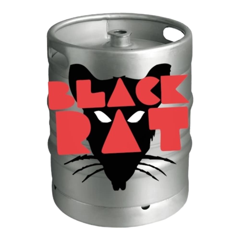 A stainless steel beer keg with a black rat face silhouette and red 'Black Rat' branding text on the front.