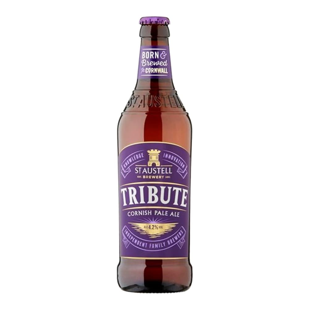 A Staustell Tribute Cornish Pale Ale bottle with purple label on a white background