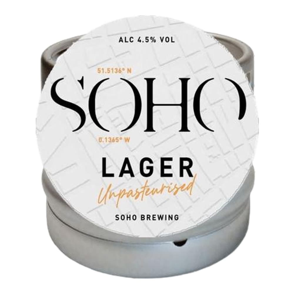 A silver SOHO Lager beer can with white label featuring the brand name, coordinates, and alcohol content of 4.5% vol against a plain white background.