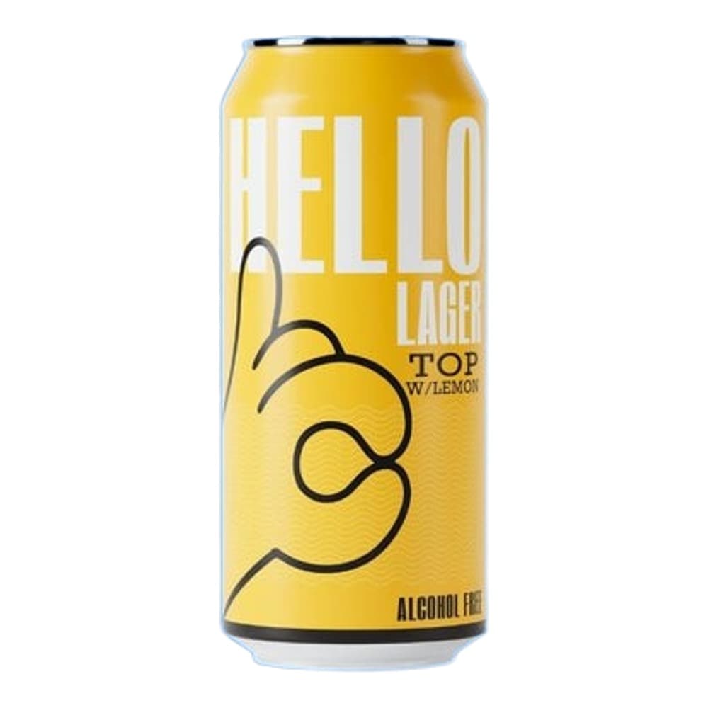 A bright yellow beer can with the word HELLO and LAGER displayed prominently on the label, featuring a black swirl design, set against a solid blue background.