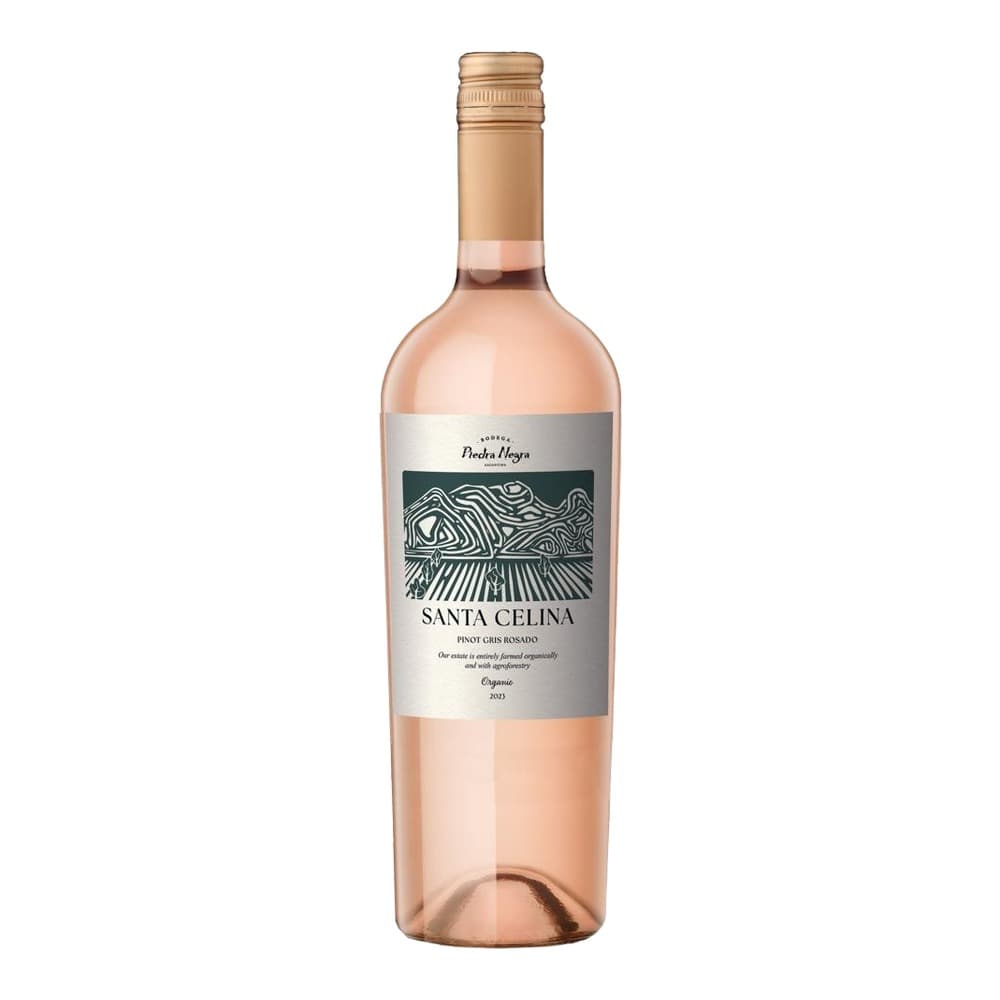 A bottle of Santa Celina Pinot Gris Rosado rosé wine with a copper-coloured cap and label featuring a textured landscape design, displayed against a white background.