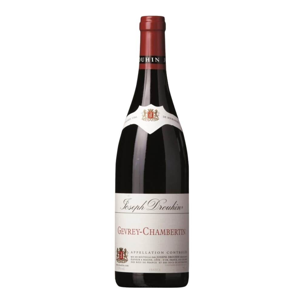 A bottle of Joseph Drouhin Gevrey-Chambertin red wine with a burgundy capsule and white label on a plain white background.