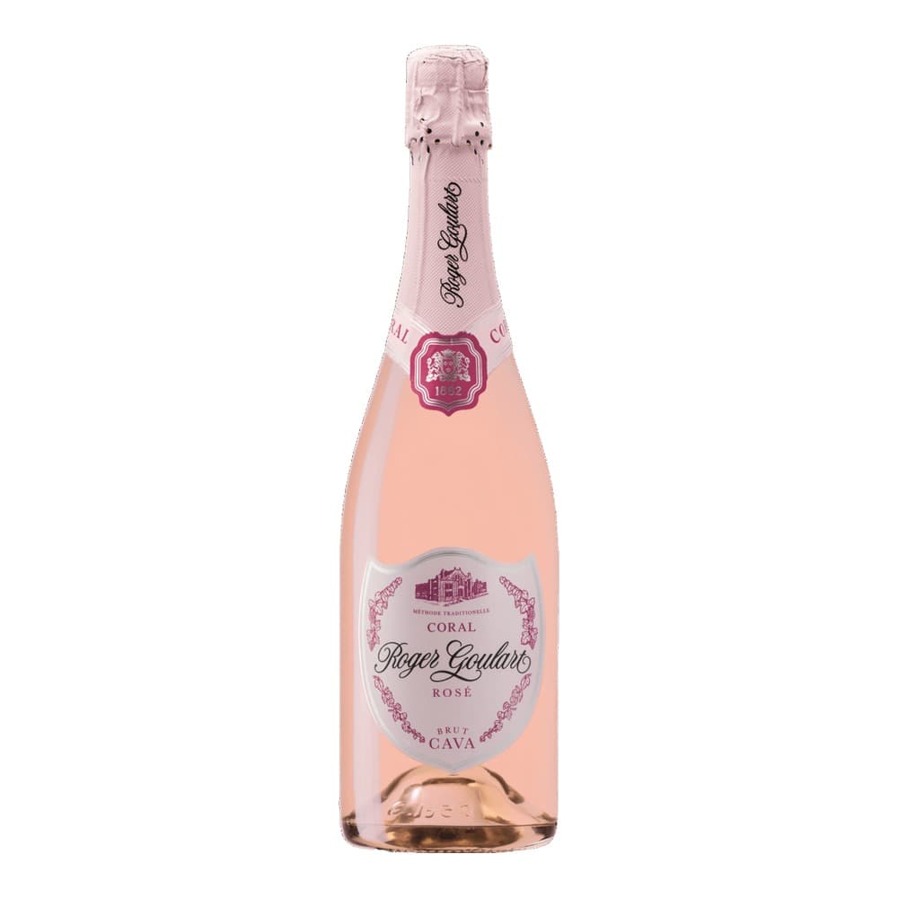 A bottle of Roger Goulart Coral Rosé Brut Cava sparkling wine against a white background, featuring a pink label and foil-wrapped top.