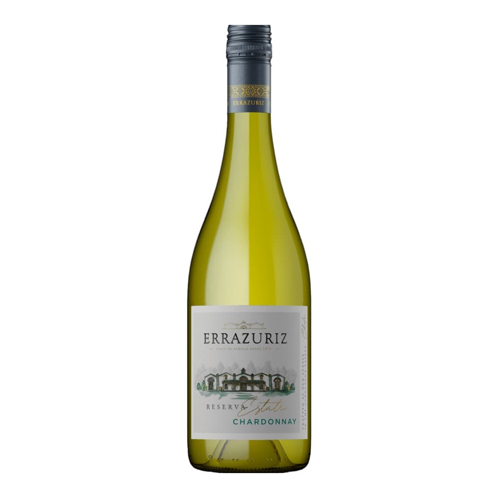 A bottle of Errazuriz Reserva Estate Chardonnay white wine against a white background, featuring a pale yellow-green liquid and a dark grey screw cap with a decorative label showing a vineyard estate illustration.