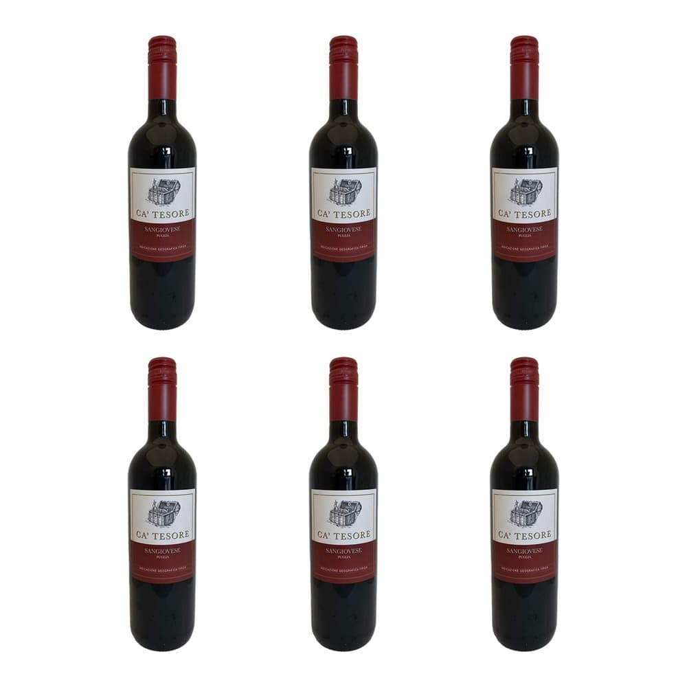 Six bottles of Ca' Tesore Sangiovese red wine arranged in two rows on a white background