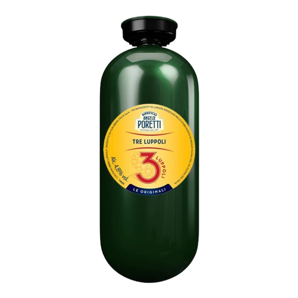 Dark green glass bottle of Angelo Poretti Tre Luppoli beer with yellow circular label on a white background