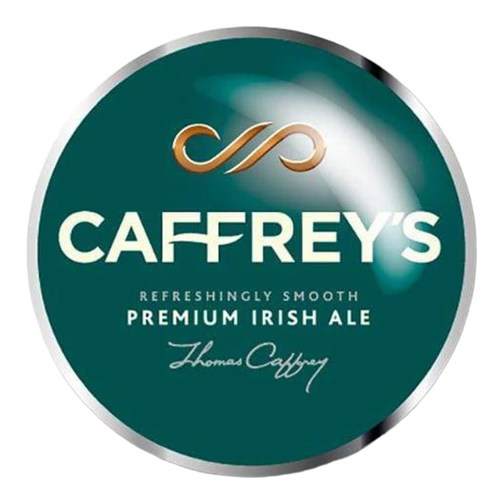 Circular beer label for Caffrey's Premium Irish Ale featuring a teal background with gold decorative elements and white text
