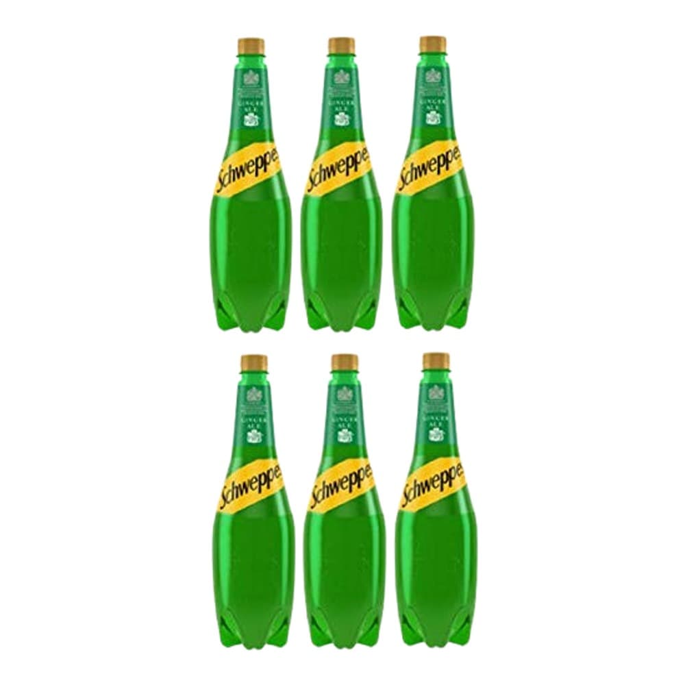 Six green plastic bottles of Schweppes lemonade arranged in two rows against a white background.