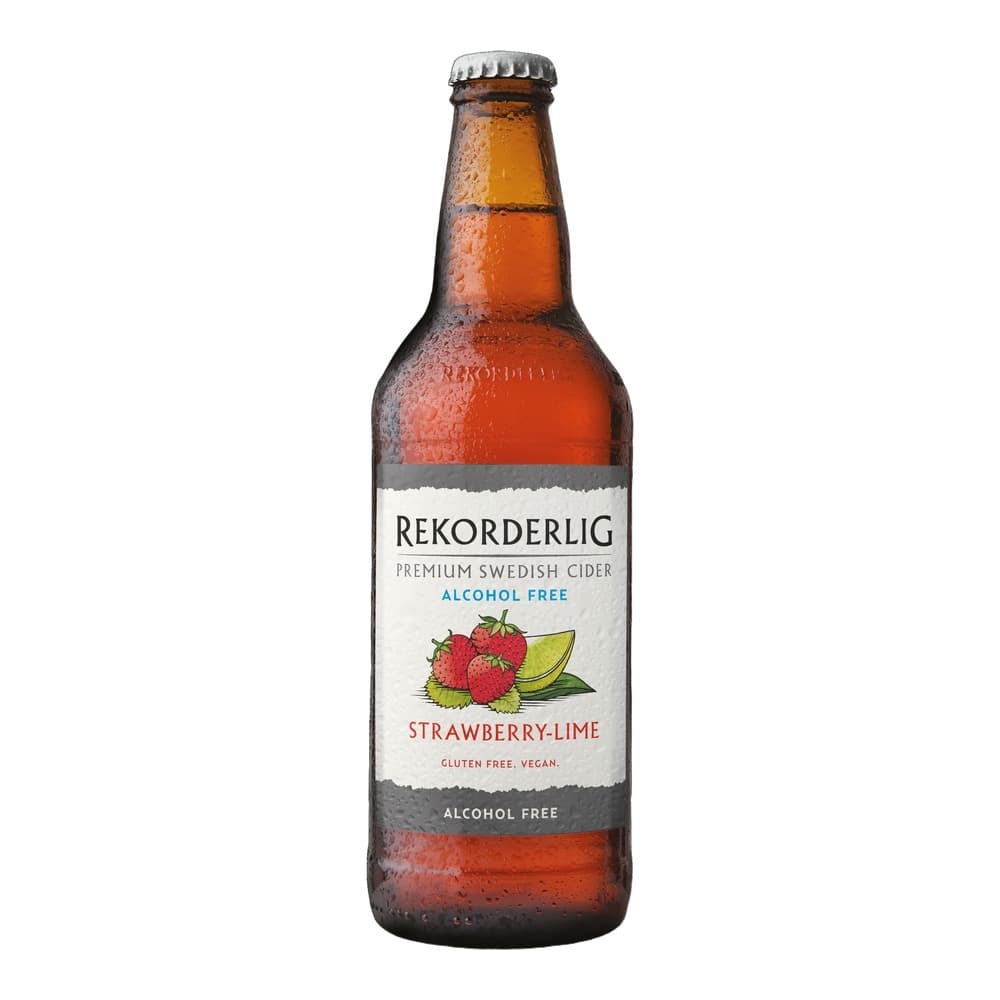 A bottle of Rekorderlig premium Swedish cider with strawberry-lime flavour on a white background, featuring a condensation-covered glass bottle with a metal crown cap and product label showing fruit imagery.