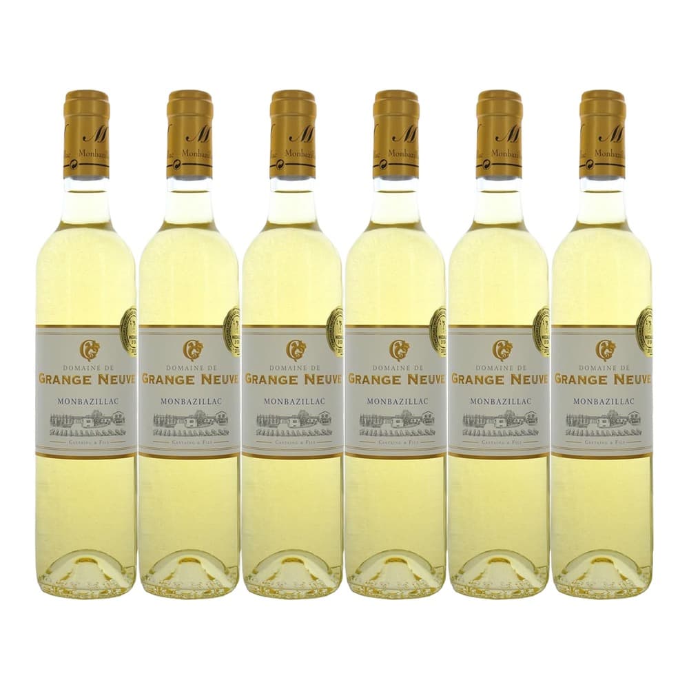 Six bottles of Domaine de Grange Neuve Monbazillac white wine arranged in a row against a white background, each with a gold foil capsule and grey label.