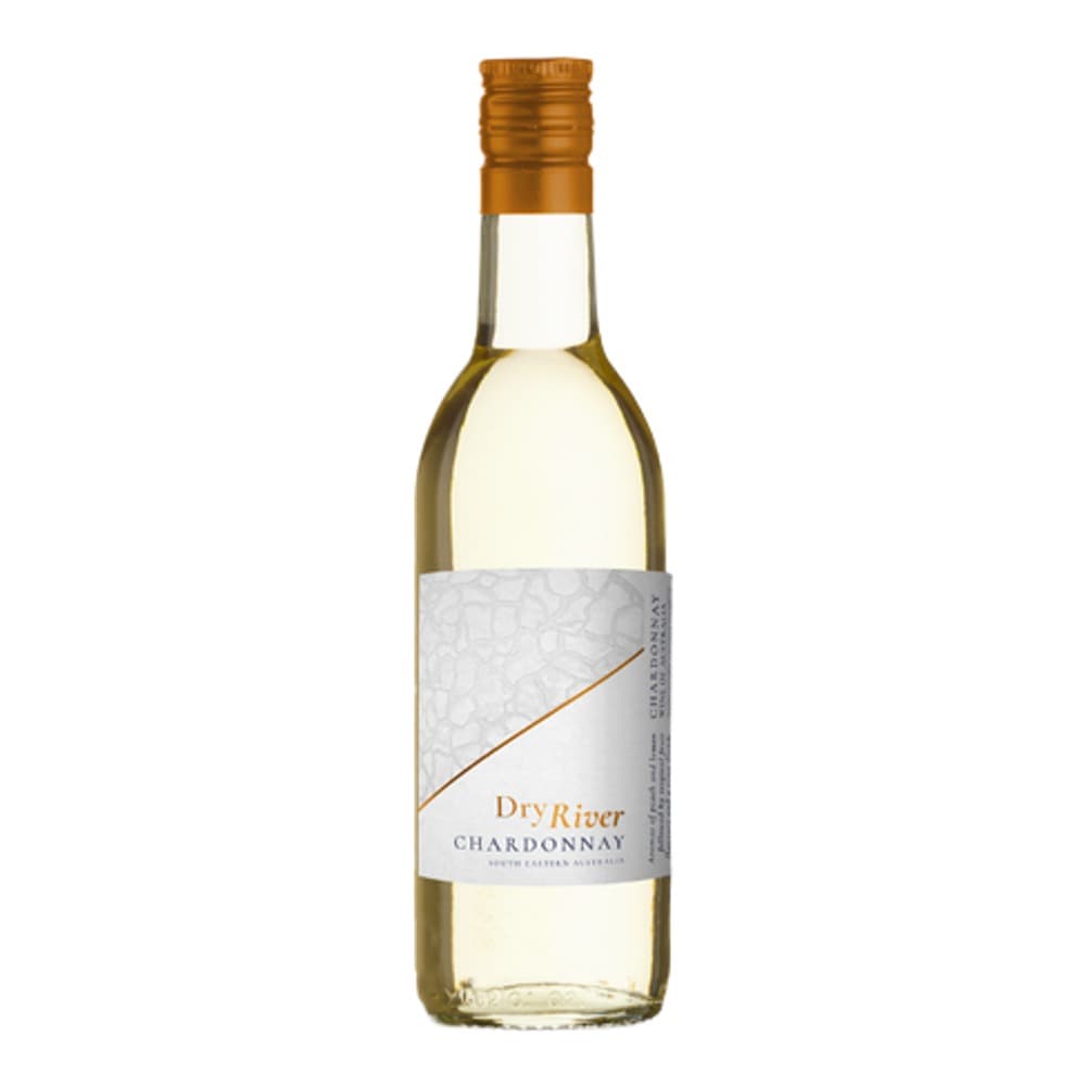 A bottle of Dry River Chardonnay white wine with a gold foil cap and white label on a plain white background.