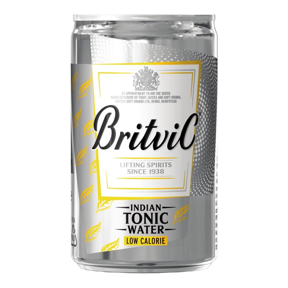 A silver aluminium can of Britvic Indian Tonic Water Low Calorie, featuring the brand logo, royal warrant emblem, and yellow leaf design on the label.