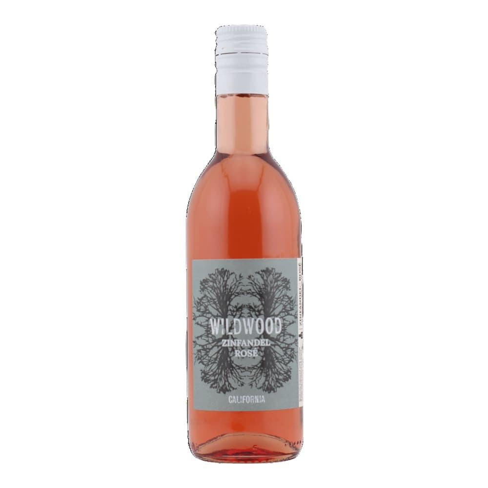 A bottle of Wildwood Zinfandel Rosé wine from California against a white background, featuring a grey label with decorative tree imagery and a white screw cap.