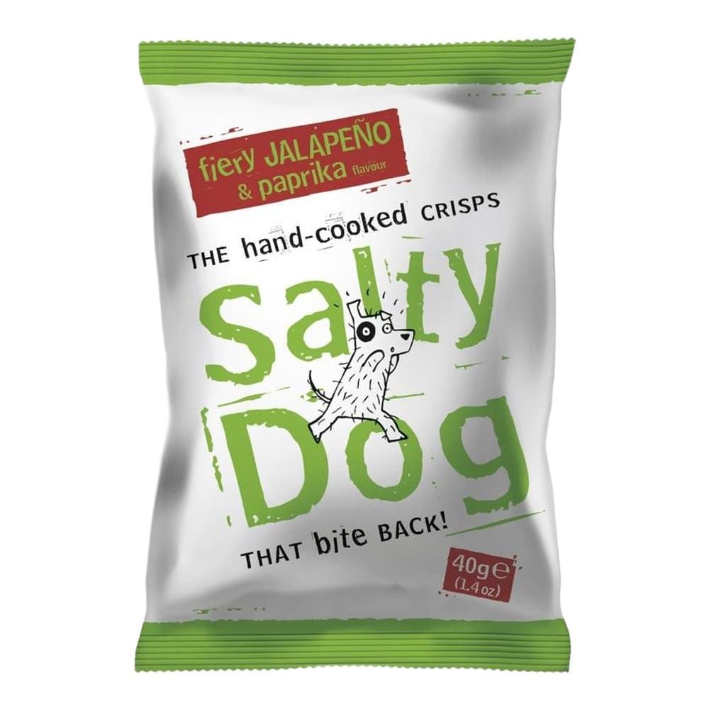 A packet of Salty Dog hand-cooked crisps with fiery jalapeno and paprika flavour, 40g, displayed against a plain white background.