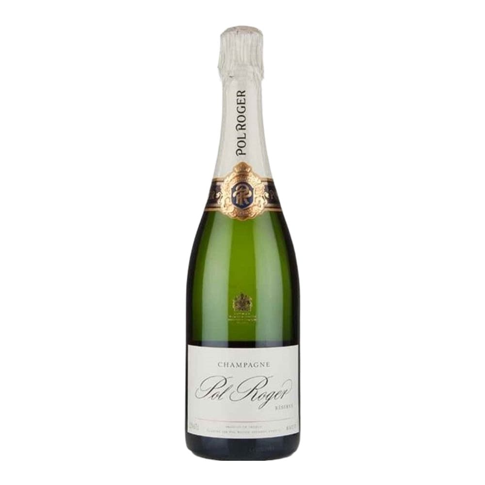 A bottle of Pol Roger Champagne with pale yellow-green liquid, white foil capsule, and elegant label on a plain white background
