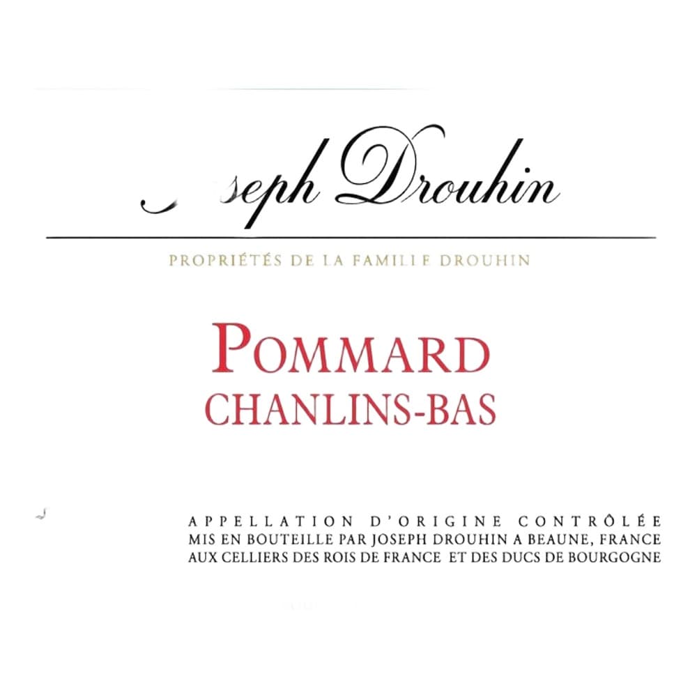 Wine bottle label for Joseph Drouhin Pommard Chanlins-Bas, a French red wine from Burgundy, featuring the producer's crest and product details on a white background.