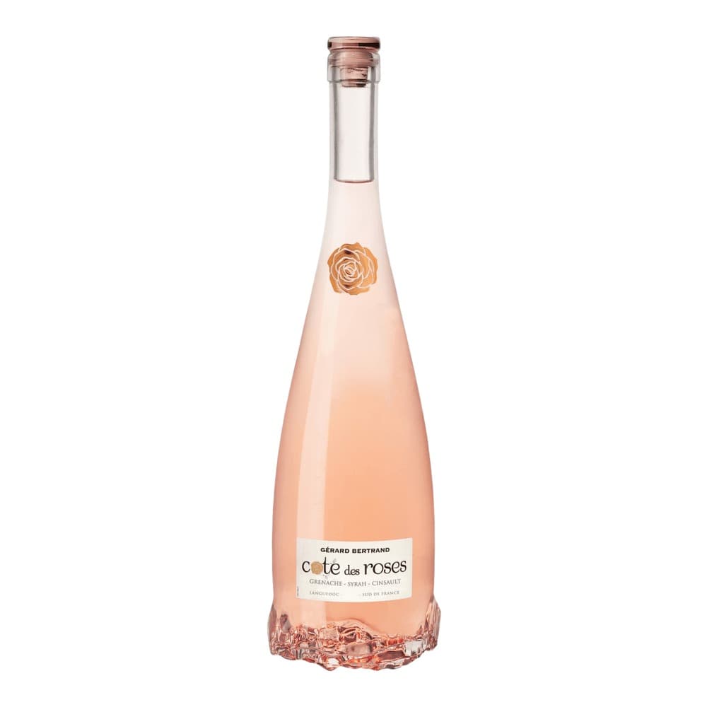 A bottle of Côte des Roses rosé wine with a copper-coloured rose emblem on the label, displayed against a white background.