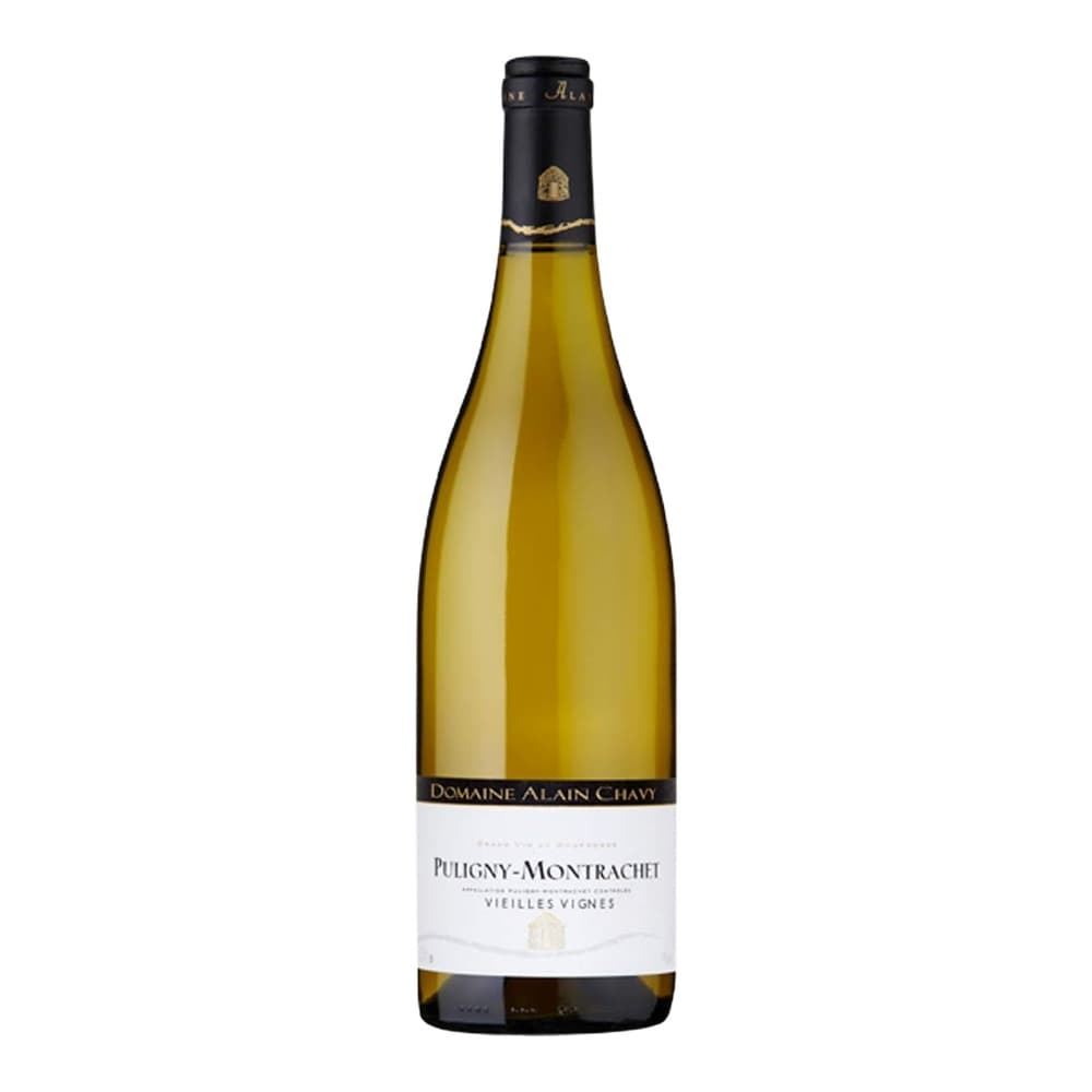 A bottle of Domaine Alain Chavy Puligny-Montrachet Vieilles Vignes white wine against a plain white background.