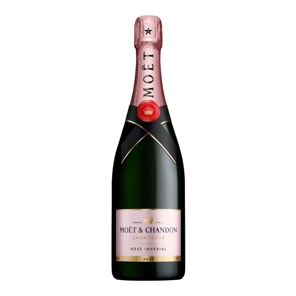 A bottle of Moët & Chandon Rosé Impérial Champagne with pink foil-wrapped top and black glass body against a white background.