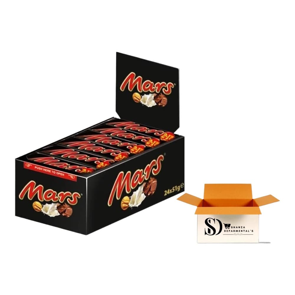A black cardboard display box containing 24 Mars chocolate bars with the classic Mars logo and ingredients imagery, shown with an orange shipping carton below.