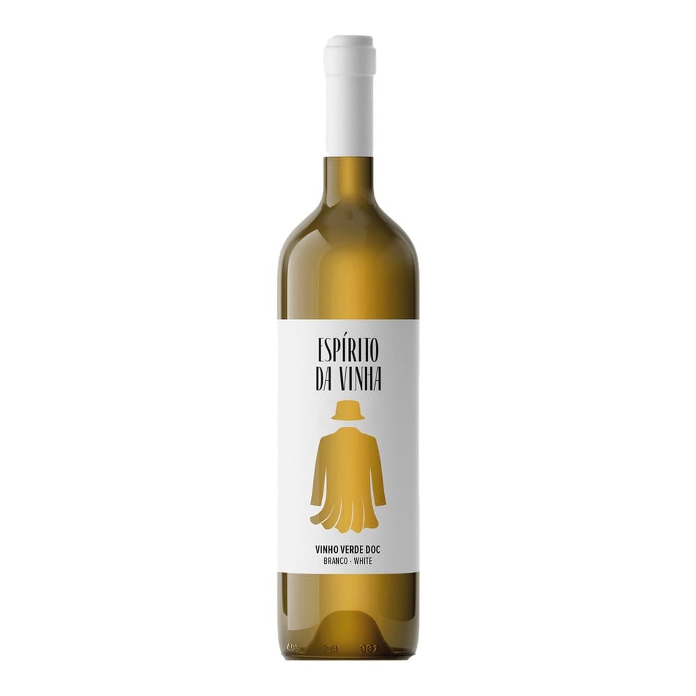 A bottle of Espíritu da Vinha white wine against a plain white background, featuring a minimalist gold figure illustration on the label
