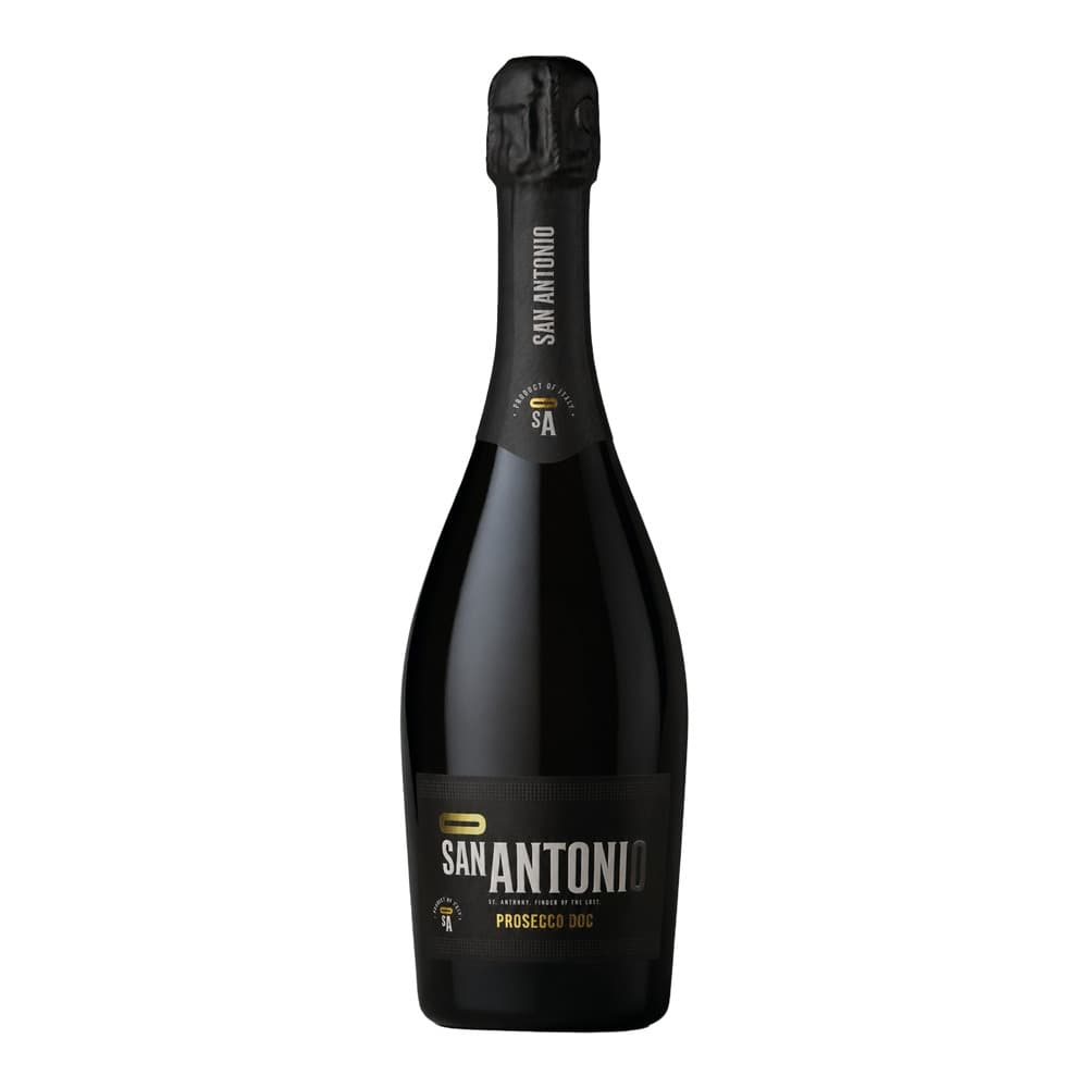 A bottle of San Antonio Prosecco DOC sparkling wine with black label and foil-topped cork against a white background